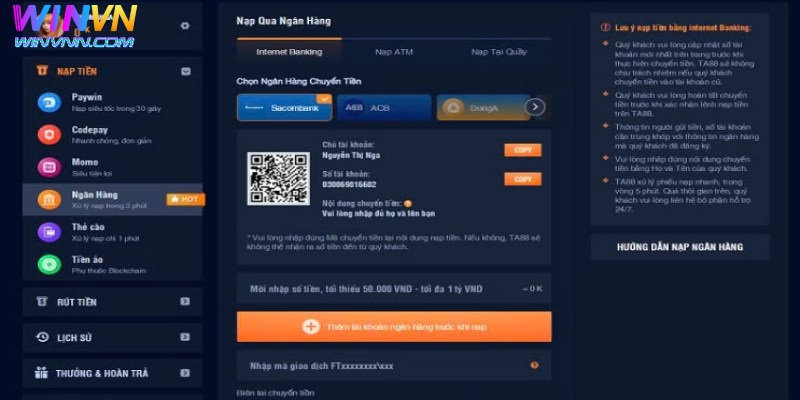 Cách thức nạp tiền WinVN bằng ngân hàng online